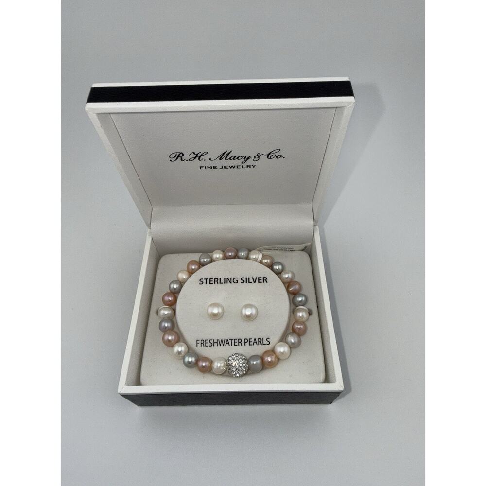 Freshwater Pearl Bracelet + Earrings Set Sterling Silver 8-10mm Crystal Fireball